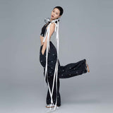 Black 100% Nylon Allover Butterfly Print Wide-Leg Parachute Pants with Drawstring Waist for Women