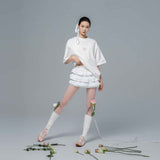 White Lace-Trim Tiered Ruffle Mini Skirt with Ribbed Elastic Waistband for Women