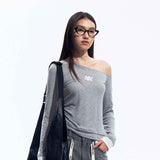 Gray One Shoulder Stretch Top with Viscose Blend Fabric for Women