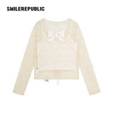 Ivory Nylon Jacquard Lace Bow Detail Cropped Cardigan and Cotton Blend Camisole Two Piece Set
