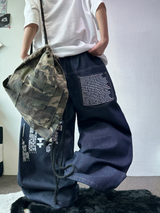 LETTERING INDIGO RAW STITCH WIDE BALLOON TATTOO PRINT DENIM LONG PANTS 🩵🖤 - 2 COLORS