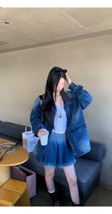 denim loose fit collar zip-up jacket two-piece (skirt set)