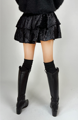 (SUPER CUTE/BUILT-IN SHORTS/ELASTIC WAIST♥) 2 COLORS ベルベットカンカンフレアストレッチミニスカート