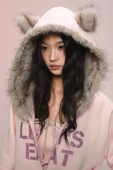 eat me plz* Cathy Cat Ear Fur Fleece Hoodie for Autumn-Winter Warmth Jacket