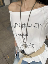 レタリングワンショルダーオフショルダーオーバーフィット半袖Tシャツ