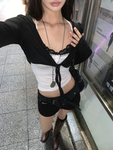 エデン エックス ストラップ レース スリーブレス トップ アンド ブイネック タイ クロップ カーディガン セット