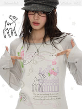 BETWEENAND ミュージックノート ローズプリント ロングスリーブTシャツ