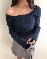 アストUネックボタンリブTシャツ