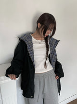 イヴォンヌチェックフードコットンボクシージャンパー