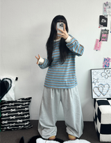 STRIPE OVER BOXY BOYFRIEND LONG SLEEVE T SHIRT ❤💚🩵🧸4COLOR