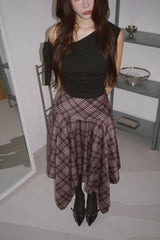 Unbalanced High Midi Checkered Skirt