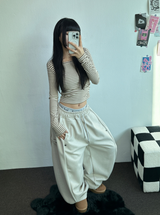 フリース❤サイドシャーリングストライプクロッピードロングスリーブTシャツ 🧸🤎🩶🩵3カラー