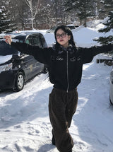 Bite lettering raccoon fur hood zip-up