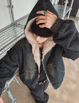 Raven Denim Crop Fur Hood Jumper
