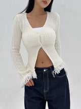[BODY SHAPING] HIP FRINGE SOFT-FIT SLIM KNIT V-NECK CARDIGAN - 2 COLOR