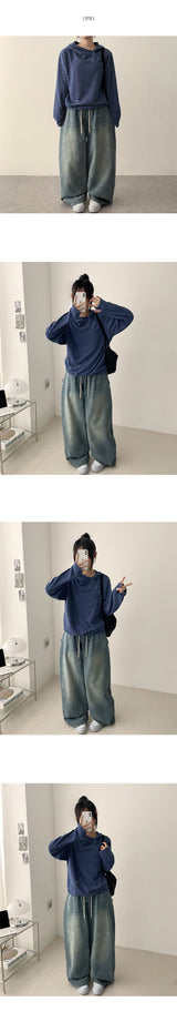 ドハサイドスナップウエストバンディングバルーンワイドデニムパンツ