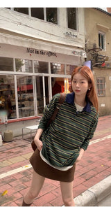 ディープグリーンストライプカラーオーバーサイズフィットロングスリーブTシャツ