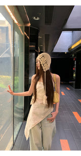 Beige knit hat, bucket hat