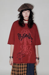 スケルトンレースプリントロールヘム半袖Tシャツ-red