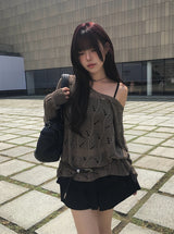 リンダーメッシュシースルールーズフィットワンショルダーニット