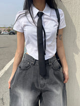 エッセンシャルカーブミニマルクロップショートスリーブシャツ (4 colors)