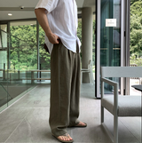 No-Mace Back Banding Two-Tuck Linen Wide Pants