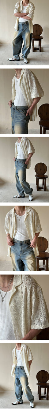 [UNISEX] ファブリックシースルーオープンカラシャツ (2color)