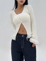[BODY SHAPING] HIP FRINGE SOFT-FIT SLIM KNIT V-NECK CARDIGAN - 2 COLOR