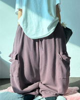 KOREAN 🧇 WAFFLE PUNCHING 🧇 LOOSE HIP CARGO BALLOON WIDE LONG PANTS 🩵🍓🩶 - 3 COLORS