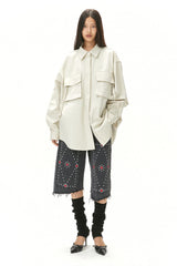 CUBIC EMBROIDERY HALF DENIM / BLACK