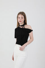 オフショルダーツイスト半袖Tシャツ Black