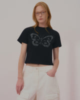 テキストバタフライクロップTシャツ-BLACK