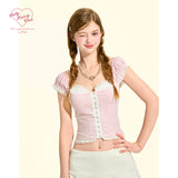 [GirlyFancyClub] French Girl Lace U-neck Pure Sweet Girl Pink Plaid Top Summer