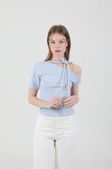 オフショルダーツイスト半袖Tシャツ Sky Blue