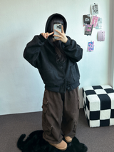 フリース/ストリング ツーカーゴリベットワイドバルーンロングパンツ💚🤎🖤🩶4カラー