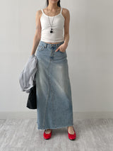 Deep Slit Cotton Long Denim Skirt (Light Wash)
