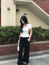ロミー スクエア レース リボン パフ スモーク ブラウス