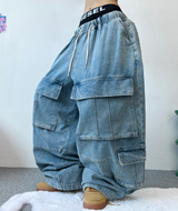 フロントカーゴバルーンデニムパンツ💙🖤 - 2カラー