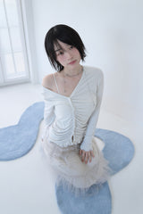 ASYMMETRIC SHIRRING LACE CARDIGAN DUSTY WHITE