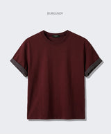 ロールスリーブクロップド半袖Tシャツ バーガンディ