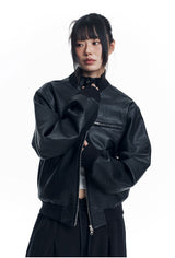 High Neck Leather Crop Jacket - Black