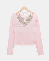 Matan Stripe Halter V-Neck Long Sleeve T-Shirt Set