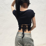 Desa Back Slit Ribbon V-Neck Short Sleeve T-Shirt
