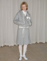 rirri Charcoal Heavyweight 100% Cotton Bow-Detailed Hoodie Set (Zippered Hooded Sweatshirt + Pleated Skirt)