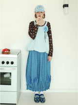 UnsocialNight2025 Autumn New Original Blue Plaid Stitching Casual Flower Flower Skirt Women