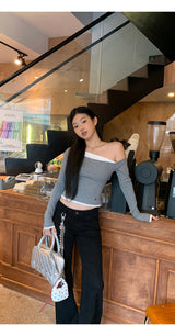 レイヤードグレーオフショルダーロングスリーブTシャツ