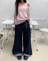 Mije Non-Fade ロールアップポケットワイドデニムロングパンツ