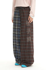 Retro elastic waistband comfortable casual and laid-back color-blocked straight-leg checkered pants