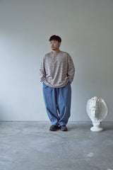 STRIPE BINDING-NECK BOX TEE (Warm Gray)