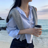 [3color] プレッピーストライプラウンドクロップドシャツ